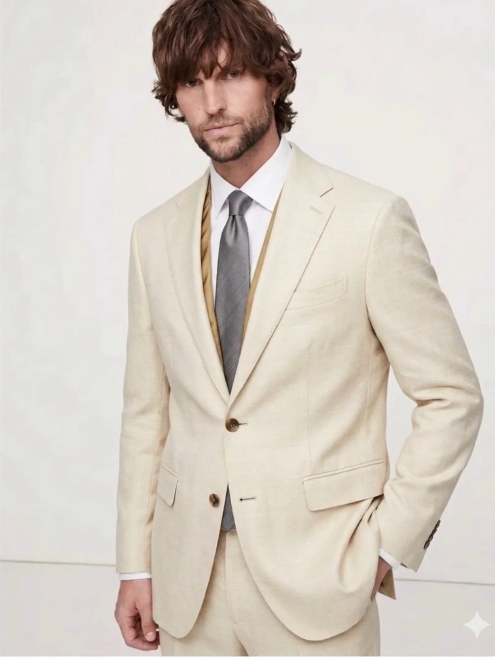 Banana Republic Reda Flexo Italian Hopsack Suit Jacket 40S Slim Fit Tan Wool
